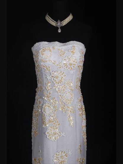 Vintage Meerjungfrauen-Kleid, trägerlos, weiß, 1970er Jahre, mit applizierten Perlen am Oberteil, langes Ballkleid, Inspiration für den 16. Geburtstag, formelles Abendkleid AS333