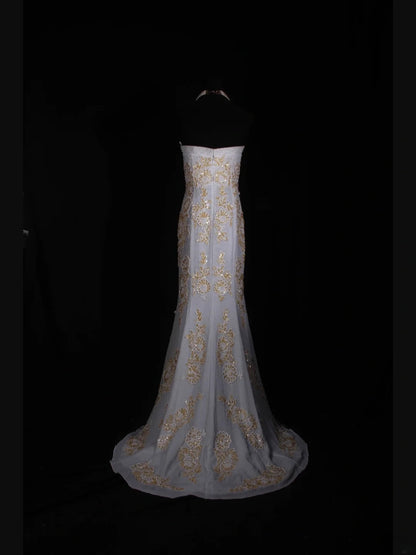 Vintage Meerjungfrauen-Kleid, trägerlos, weiß, 1970er Jahre, mit applizierten Perlen am Oberteil, langes Ballkleid, Inspiration für den 16. Geburtstag, formelles Abendkleid AS333