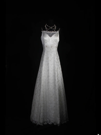 Retro 1950s Wedding Dresses for Bride A line Spagehtti Straps With Silver Beads Lace Petite/Plus Size Bridal Gowns Civil Wedding for Beach Wedding AS335