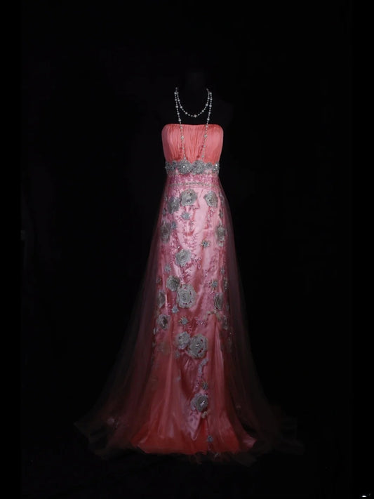 Robe de bal longue rose sirène vintage années 1970, bustier orné de perles appliquées, inspiration pour une tenue de 19e anniversaire, robe de soirée AS336