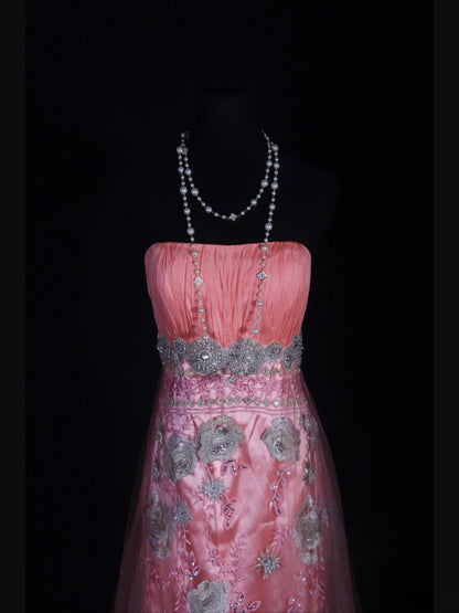 Robe de bal longue rose sirène vintage années 1970, bustier orné de perles appliquées, inspiration pour une tenue de 19e anniversaire, robe de soirée AS336