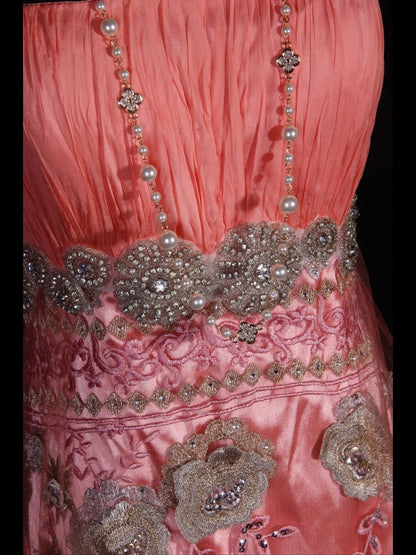Robe de bal longue rose sirène vintage années 1970, bustier orné de perles appliquées, inspiration pour une tenue de 19e anniversaire, robe de soirée AS336