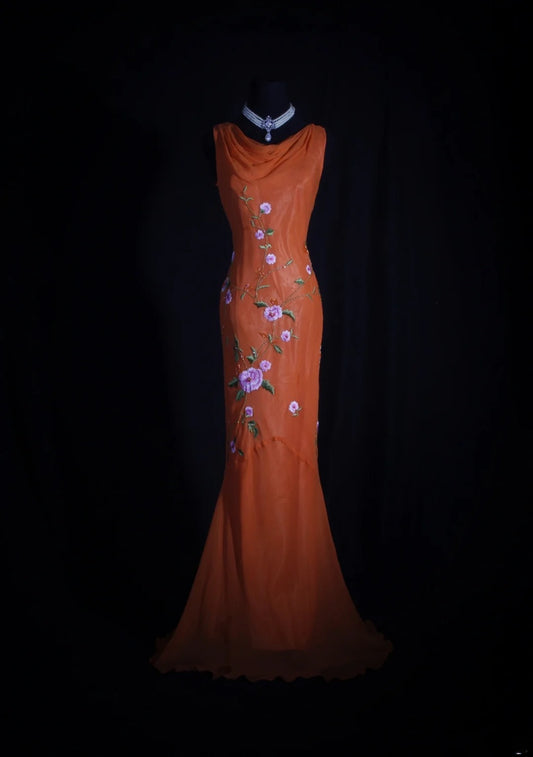 Retro 60s Mermaid Cowl Organge Chiffon With Embroidery Beads Prom Dresses Inspo 22th Birthday Outfit Formal Gown AS337