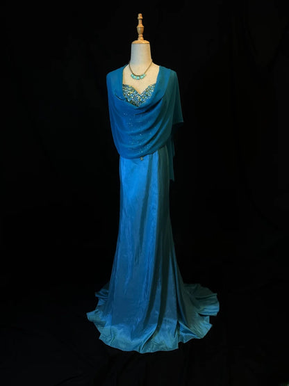 Vintage Prom Dresses Mermaid Sweetheart Blue Satin With Silver Beading Long Party Gown Formal Outfits RB6173