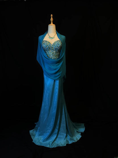 Vintage Prom Dresses Mermaid Sweetheart Blue Satin With Silver Beading Long Party Gown Formal Outfits RB6173