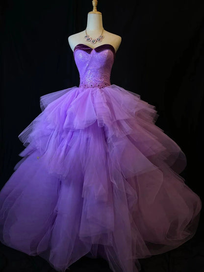 Modest Prom Dresses Ball Gown Strapless Purple Tulle With Beading Night Evening Formal Outfits RB6175
