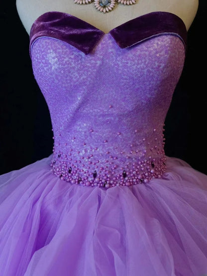 Modest Prom Dresses Ball Gown Strapless Purple Tulle With Beading Night Evening Formal Outfits RB6175