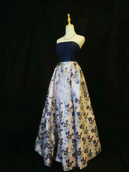 Vintage 2000s Prom Dresses Ball Gown Strapless Navy Blue Satin Floral Long Party Gown Formal Outfits RB6176