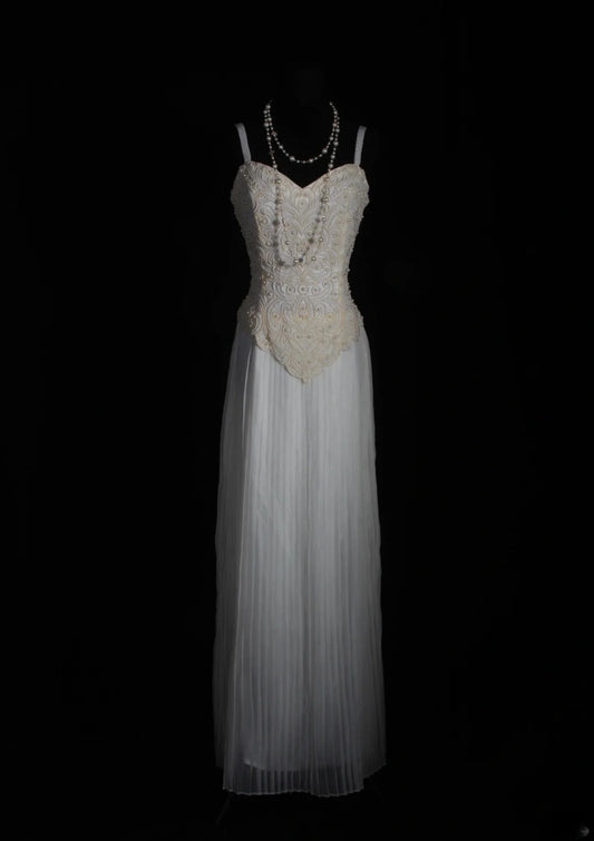 Retro 60s A line Spaghetti Straps White Chiffon With Pearls Beads Prom Dresses Inspo 22th Birthday Outfit Formal Gown AS345