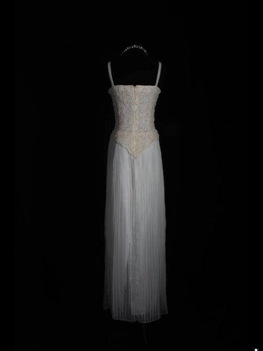 Retro 60s A line Spaghetti Straps White Chiffon With Pearls Beads Prom Dresses Inspo 22th Birthday Outfit Formal Gown AS345