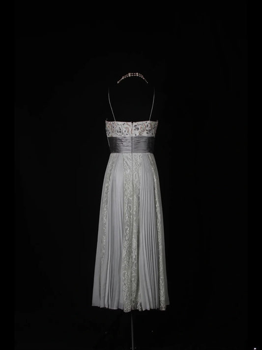 Robe de bal vintage années 2000, coupe trapèze, bretelles spaghetti, mousseline, perles, grande taille, dentelle, longueur cheville. Idéale pour un 21e anniversaire ou une soirée (AS346).