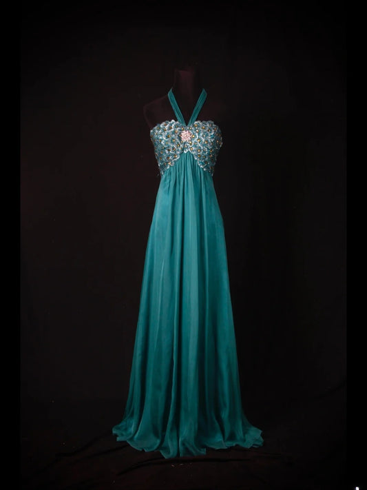 Robe de bal longue vintage années 2000, coupe trapèze, dos nu, en mousseline brodée de perles, grande taille, ornée de pierres précieuses. Idéale pour un 21e anniversaire ou une soirée (AS347).
