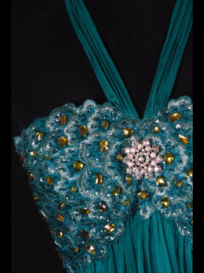 Vintage 2000s A Line Halter Chiffon Embroidery Beads Plus Size With Gem Long Prom Dresses Impress 21th Birthday Outfits Party Gown AS347
