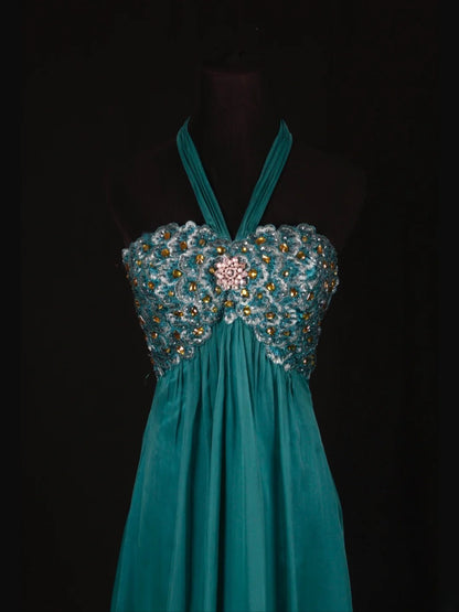 Vintage 2000s A Line Halter Chiffon Embroidery Beads Plus Size With Gem Long Prom Dresses Impress 21th Birthday Outfits Party Gown AS347