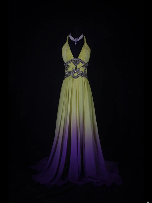 Robe de bal longue vintage années 80, coupe trapèze, dos nu, dégradé jaune raisin, perles, mousseline, volants perlés. Inspiration tenue d'anniversaire. Robe de soirée AS348