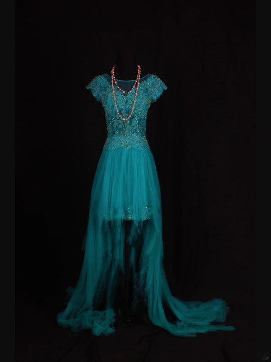 Retro 60s A line High Low Scoop Neck Blue Tulle With Pearls Beads Lace Prom Dresses Inspo 22th Birthday Outfit Formal Gown AS351