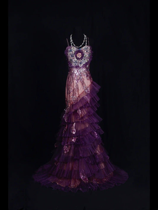Robe de bal longue sirène vintage années 2000, bretelles spaghetti, perles de raisin, grande taille, dentelle, idéale pour un 21e anniversaire ou une soirée (AS352).