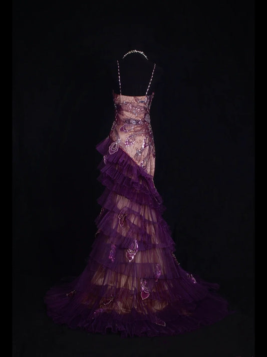Robe de bal longue sirène vintage années 2000, bretelles spaghetti, perles de raisin, grande taille, dentelle, idéale pour un 21e anniversaire ou une soirée (AS352).