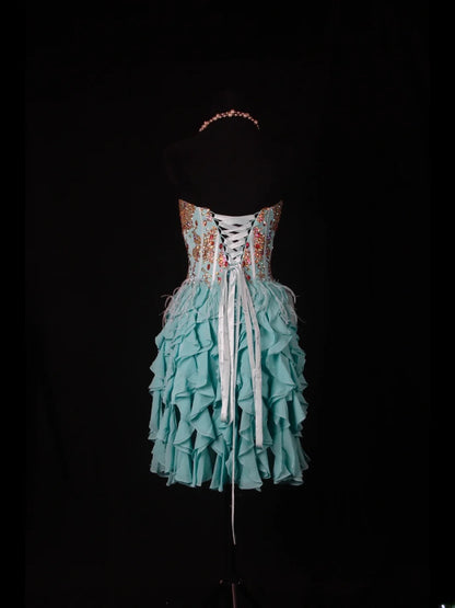 Vintage A-Linien-Kleid aus blauem Chiffon mit goldenen Perlen und Herzausschnitt, kurzes Kleid zum 16. Geburtstag, Homecoming-Kleid, Cocktailkleid AS353