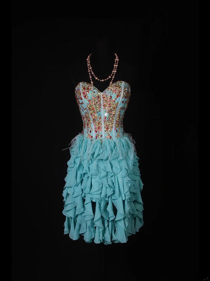 Vintage A-Linien-Kleid aus blauem Chiffon mit goldenen Perlen und Herzausschnitt, kurzes Kleid zum 16. Geburtstag, Homecoming-Kleid, Cocktailkleid AS353