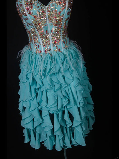 Vintage A-Linien-Kleid aus blauem Chiffon mit goldenen Perlen und Herzausschnitt, kurzes Kleid zum 16. Geburtstag, Homecoming-Kleid, Cocktailkleid AS353