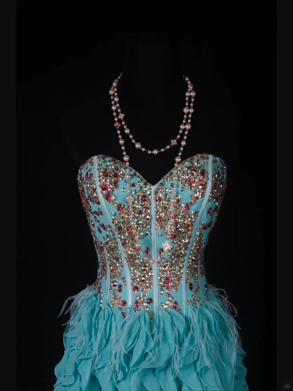 Vintage A-Linien-Kleid aus blauem Chiffon mit goldenen Perlen und Herzausschnitt, kurzes Kleid zum 16. Geburtstag, Homecoming-Kleid, Cocktailkleid AS353