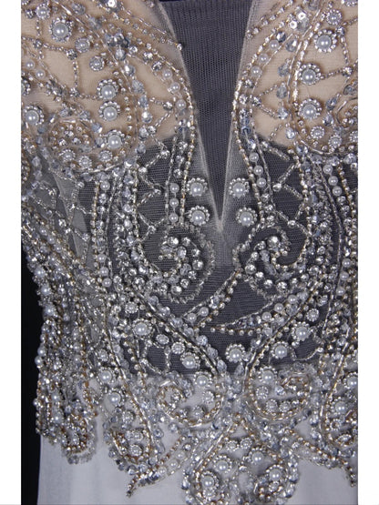 Vintage Meerjungfrauen-Abendkleid mit V-Ausschnitt, silberfarben, 1970er Jahre, mit silbernen Perlen am Oberteil, Inspiration für den 19. Geburtstag, formelles Abendkleid AS354