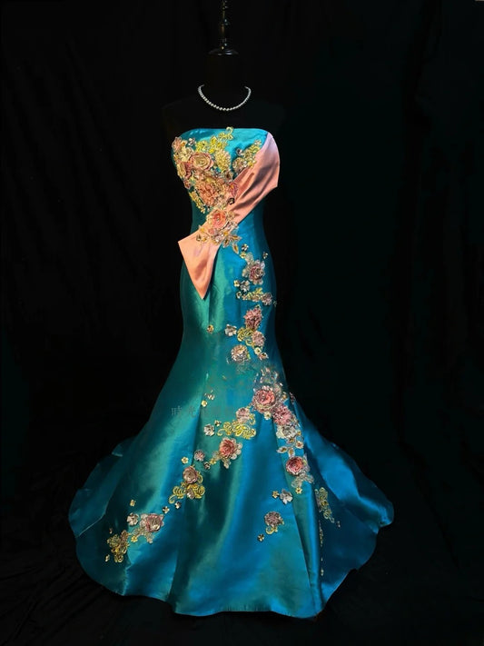 Vintage 2000s Prom Dresses Mermaid Strapless Blue Satin Long Party Gown Formal Outfits RB6184