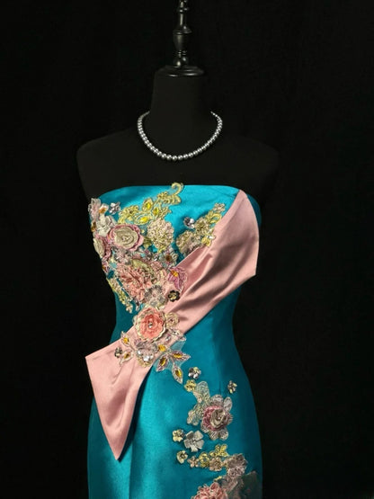 Vintage 2000s Prom Dresses Mermaid Strapless Blue Satin Long Party Gown Formal Outfits RB6184