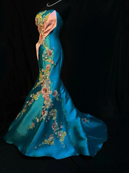 Vintage 2000s Prom Dresses Mermaid Strapless Blue Satin Long Party Gown Formal Outfits RB6184
