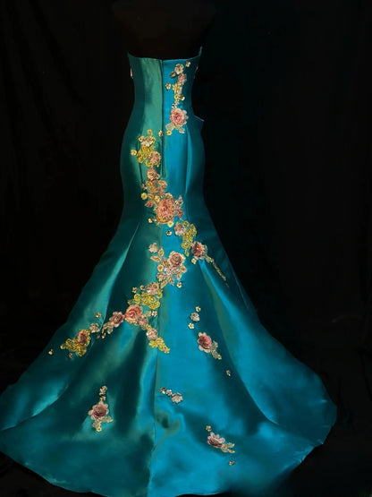 Vintage 2000s Prom Dresses Mermaid Strapless Blue Satin Long Party Gown Formal Outfits RB6184