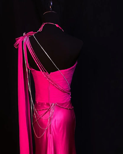 Vintage Prom Dresses Mermaid One Shoulder Hot Pink Satin With Beading 1950s Retro Classy Long Party Formal Outfits RB6185