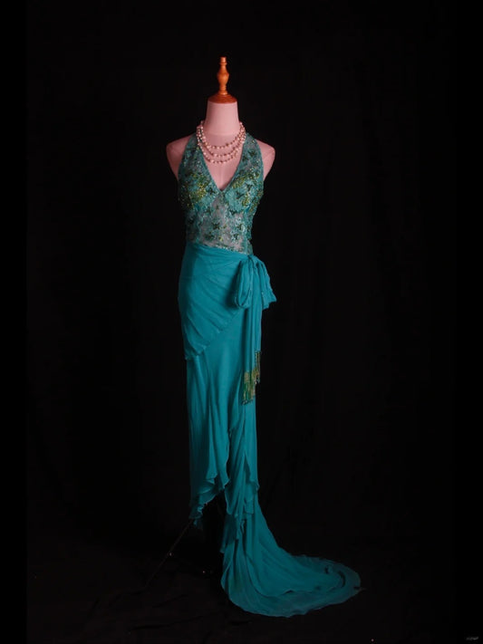 Retro 60s High Low V Neck Blue Chiffon With Beads Lace Prom Dresses Inspo 22th Birthday Outfit Formal Gown AS360