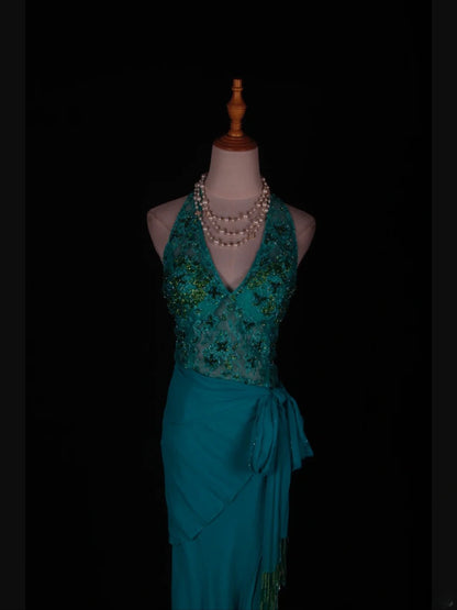 Retro 60s High Low V Neck Blue Chiffon With Beads Lace Prom Dresses Inspo 22th Birthday Outfit Formal Gown AS360