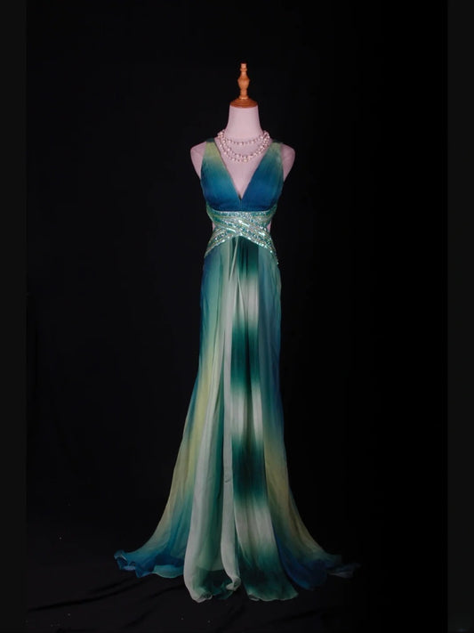 Robe de bal longue vintage sirène années 80, col en V, dos nu multicolore, ornée de perles. Inspiration tenue d'anniversaire ou robe de soirée (AS361).