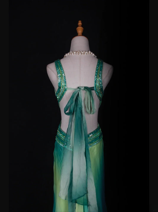 Robe de bal longue vintage sirène années 80, col en V, dos nu multicolore, ornée de perles. Inspiration tenue d'anniversaire ou robe de soirée (AS361).