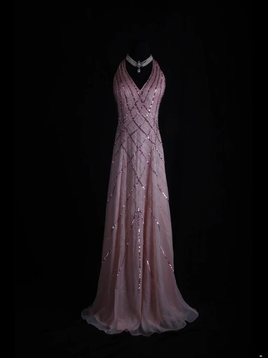 Retro 60s A Line V Neck Rose Pink Chiffon With Beads Long Prom Dresses Inspo 22th Birthday Outfit Formal Gown AS362