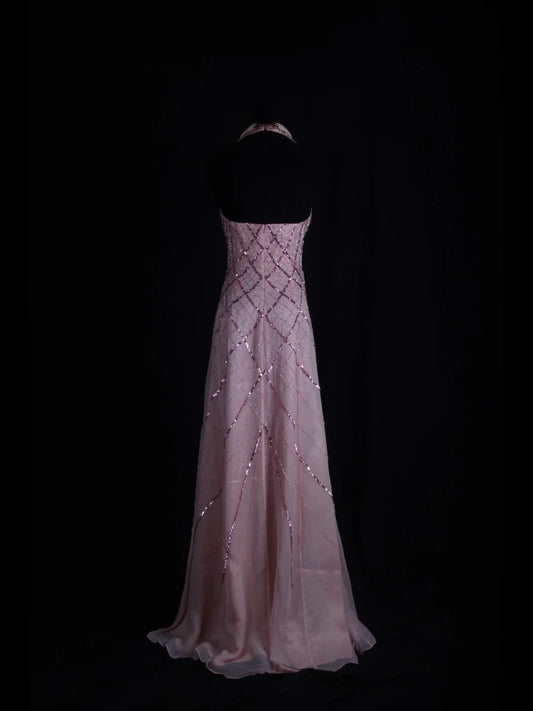 Retro 60s A Line V Neck Rose Pink Chiffon With Beads Long Prom Dresses Inspo 22th Birthday Outfit Formal Gown AS362