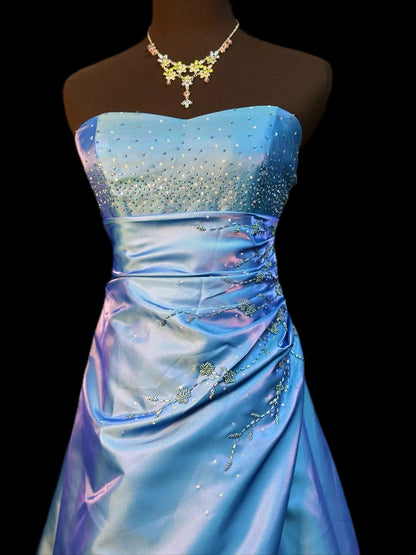 Vintage 2000s Prom Dresses Ball Gown Strapless Blue Satin Long Party Gown Formal Outfits RB6187