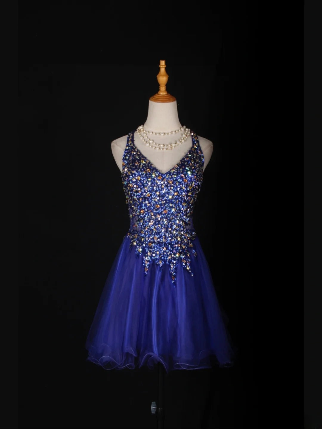 Vintage A-Linien-Kleid mit Neckholder, königsblauer Tüll mit goldenen Perlen, kurzes Kleid zum 18. Geburtstag, Homecoming-Kleid, Cocktailkleid AS363