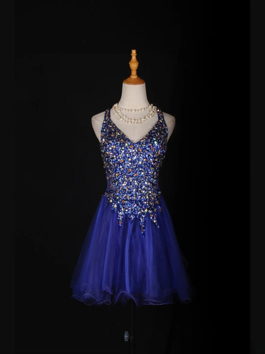 Vintage A line Halter Royal Blue Tulle With Gold Beads Short 18th Birthday Dress Homecoming Dresses Cocktail Gown AS363