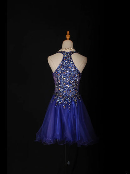 Vintage A-Linien-Kleid mit Neckholder, königsblauer Tüll mit goldenen Perlen, kurzes Kleid zum 18. Geburtstag, Homecoming-Kleid, Cocktailkleid AS363