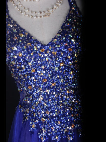 Vintage A-Linien-Kleid mit Neckholder, königsblauer Tüll mit goldenen Perlen, kurzes Kleid zum 18. Geburtstag, Homecoming-Kleid, Cocktailkleid AS363