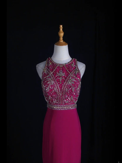 Robe de bal longue rose fuchsia vintage années 80, dos nu orné de perles, style sirène, inspiration années 80, tenue d'anniversaire, robe de soirée AS364