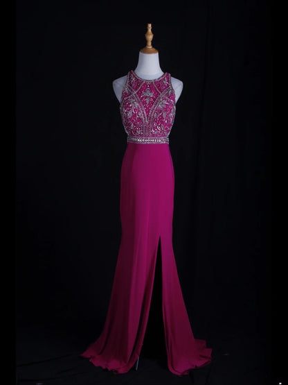 Robe de bal longue rose fuchsia vintage années 80, dos nu orné de perles, style sirène, inspiration années 80, tenue d'anniversaire, robe de soirée AS364