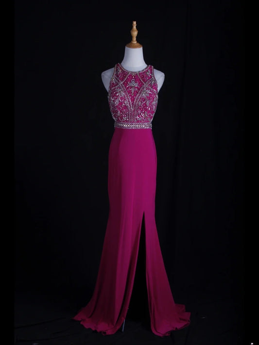 Robe de bal longue rose fuchsia vintage années 80, dos nu orné de perles, style sirène, inspiration années 80, tenue d'anniversaire, robe de soirée AS364