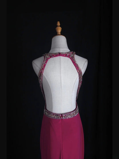 Robe de bal longue rose fuchsia vintage années 80, dos nu orné de perles, style sirène, inspiration années 80, tenue d'anniversaire, robe de soirée AS364