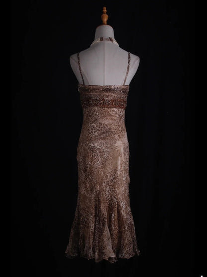 Vintage Mermaid Spaghetti Straps Leopard Print Beaded Bodice Plus Size Tea Length 18th Birthday Outfits Homecoming Dresses Cocktail Gown AS365