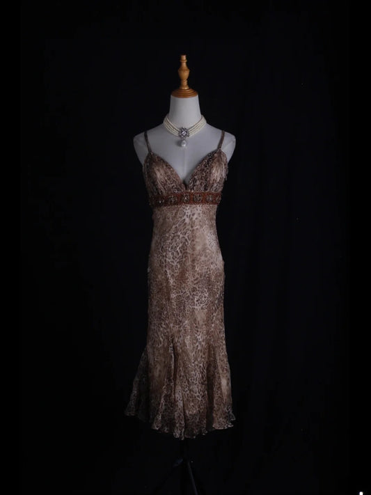 Vintage Mermaid Spaghetti Straps Leopard Print Beaded Bodice Plus Size Tea Length 18th Birthday Outfits Homecoming Dresses Cocktail Gown AS365
