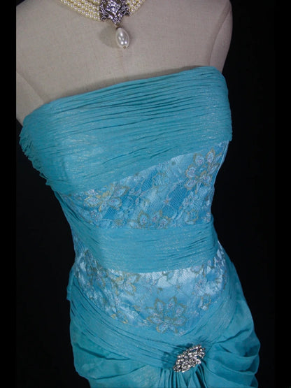 Retro 1950s Mermaid Strapless Blue Chiffon With Beads Lace Long Prom Dresses Inspo 22th Birthday Outfit Formal Gown AS366